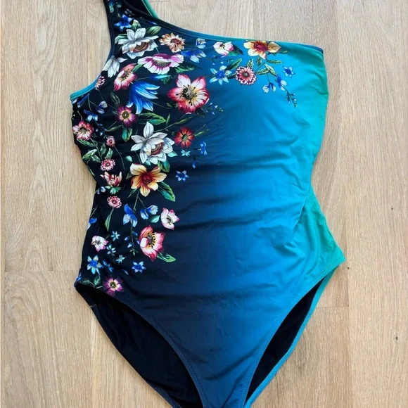 Johnny Was Teal Floral One-Shoulder Swimsuit size Xl stunning art piece - Picture 5 of 8